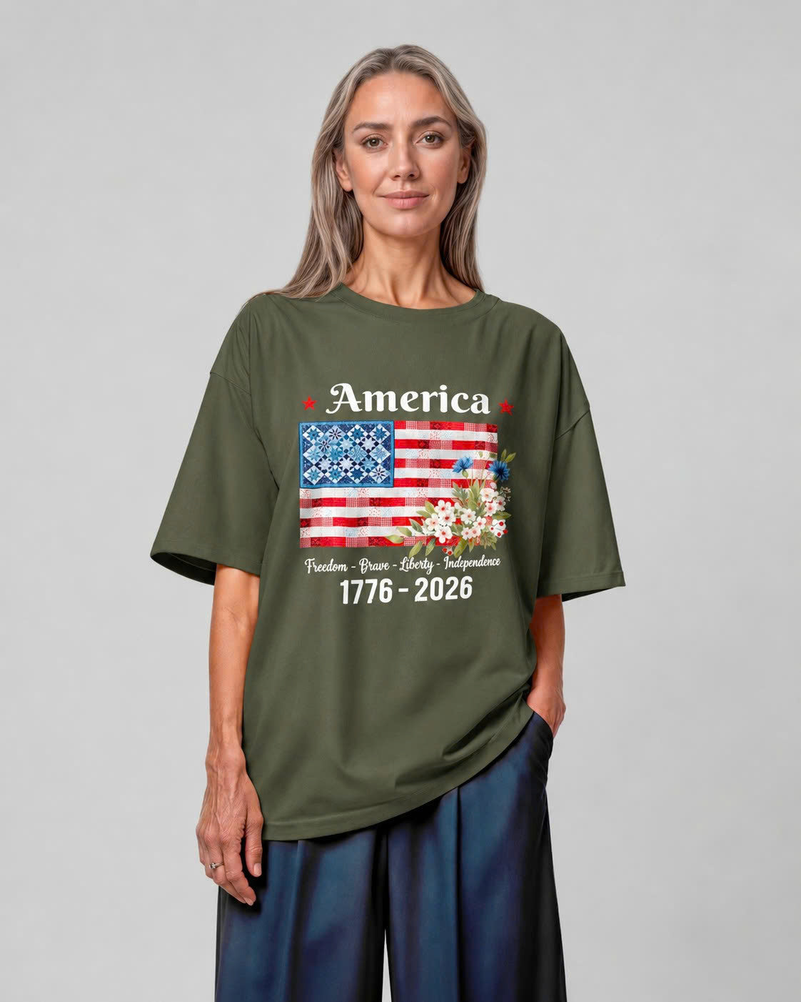 America 1776-2026 Patchwork Flag Floral Tee - Military Green view 2