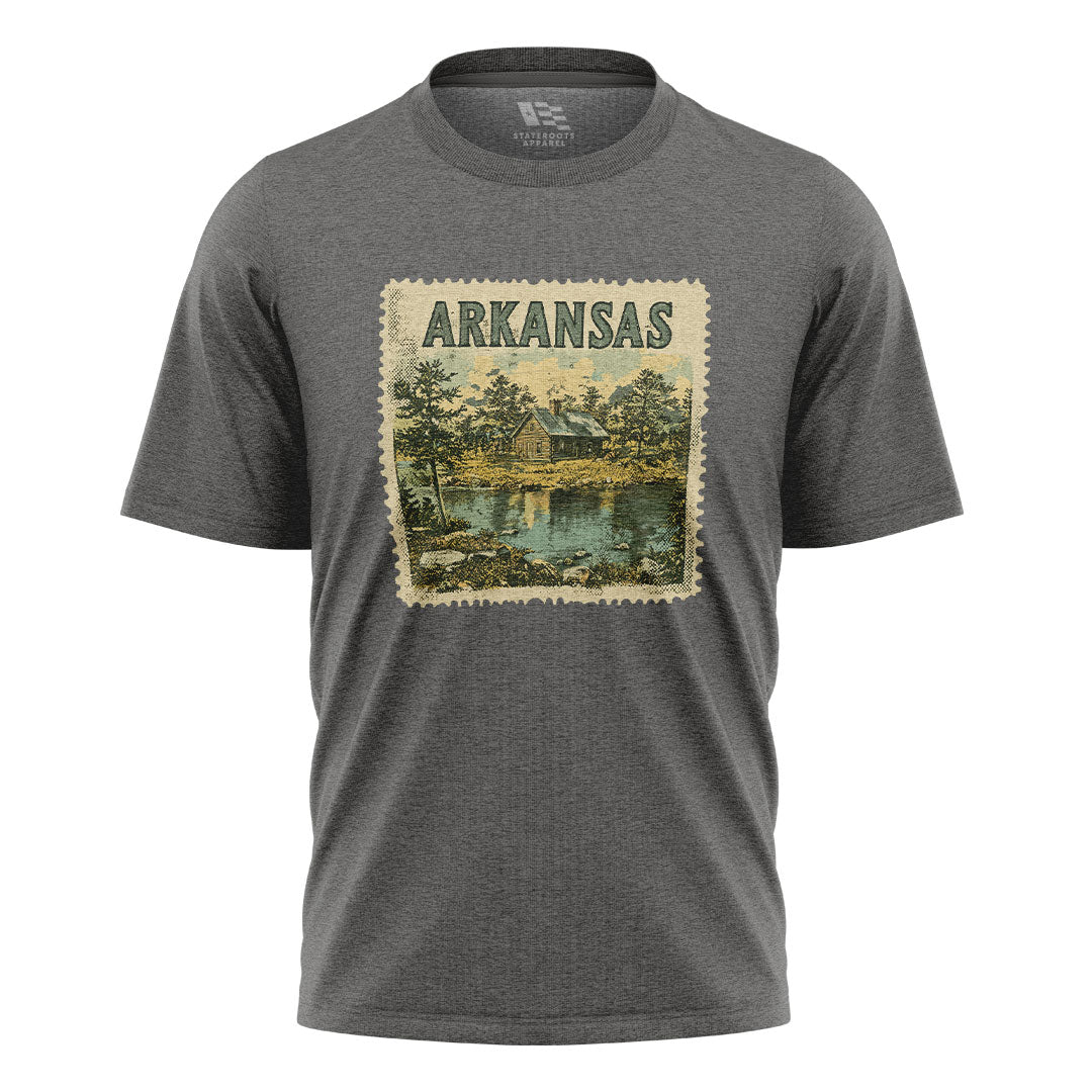 Arkansas Cabin Lake Stamp Tee - Charcoal flatlay