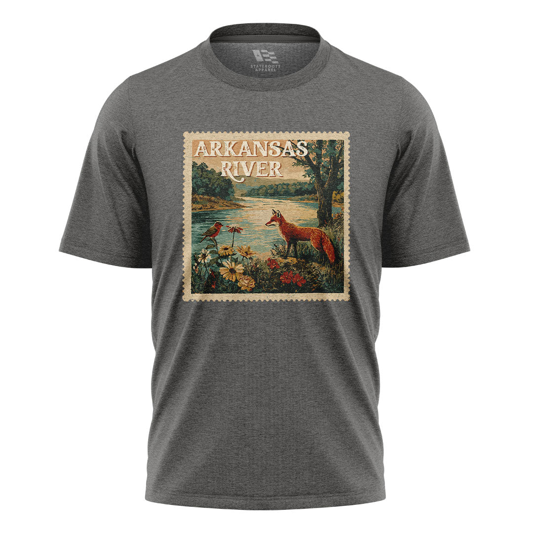 Arkansas River Fox Stamp Tee - Charcoal flatlay