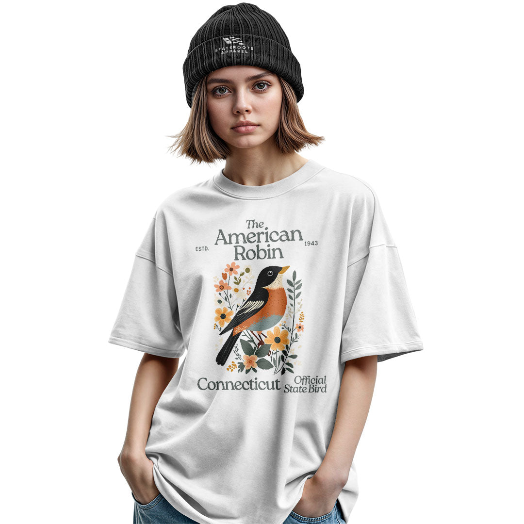 Connecticut American Robin T-Shirt | State Bird Floral Tee - Military Green