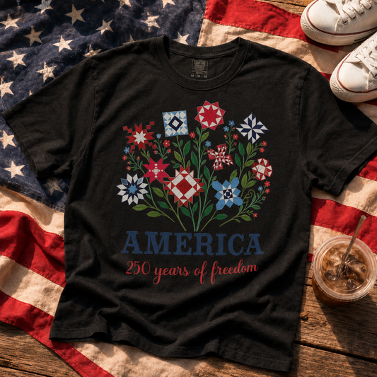 America 250 Years of Freedom Floral Quilt Bouquet T-Shirt | Vintage Patriotic Tee
