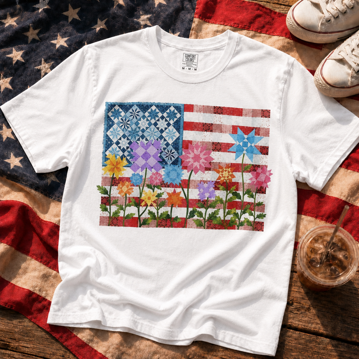 America Quilt Flag Multicolor Flowers T-Shirt | Vintage Patriotic Tee
