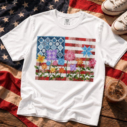America Quilt Flag Multicolor Flowers T-Shirt | Vintage Patriotic Tee