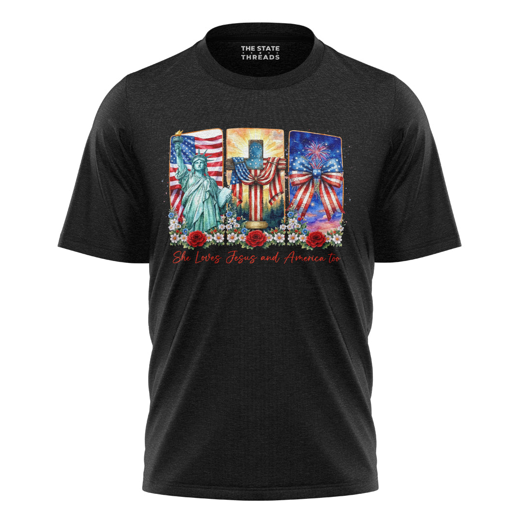 She Loves Jesus and America Too T-Shirt | Faith Patriotic Tee