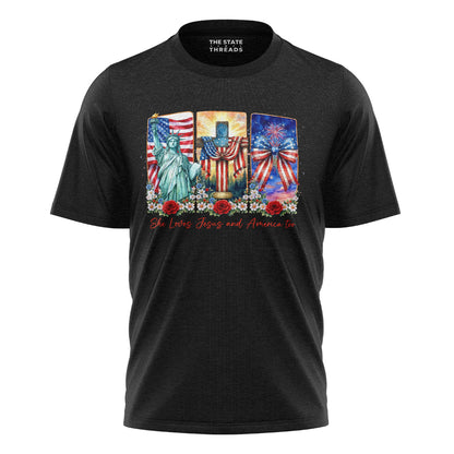 She Loves Jesus and America Too T-Shirt | Faith Patriotic Tee