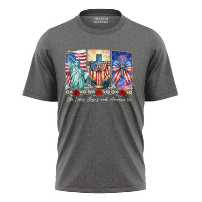 She Loves Jesus and America Too T-Shirt | Faith Patriotic Tee