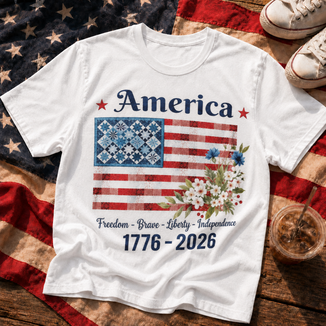 America 1776-2026 Patchwork Flag Floral T-Shirt | Vintage Patriotic Tee