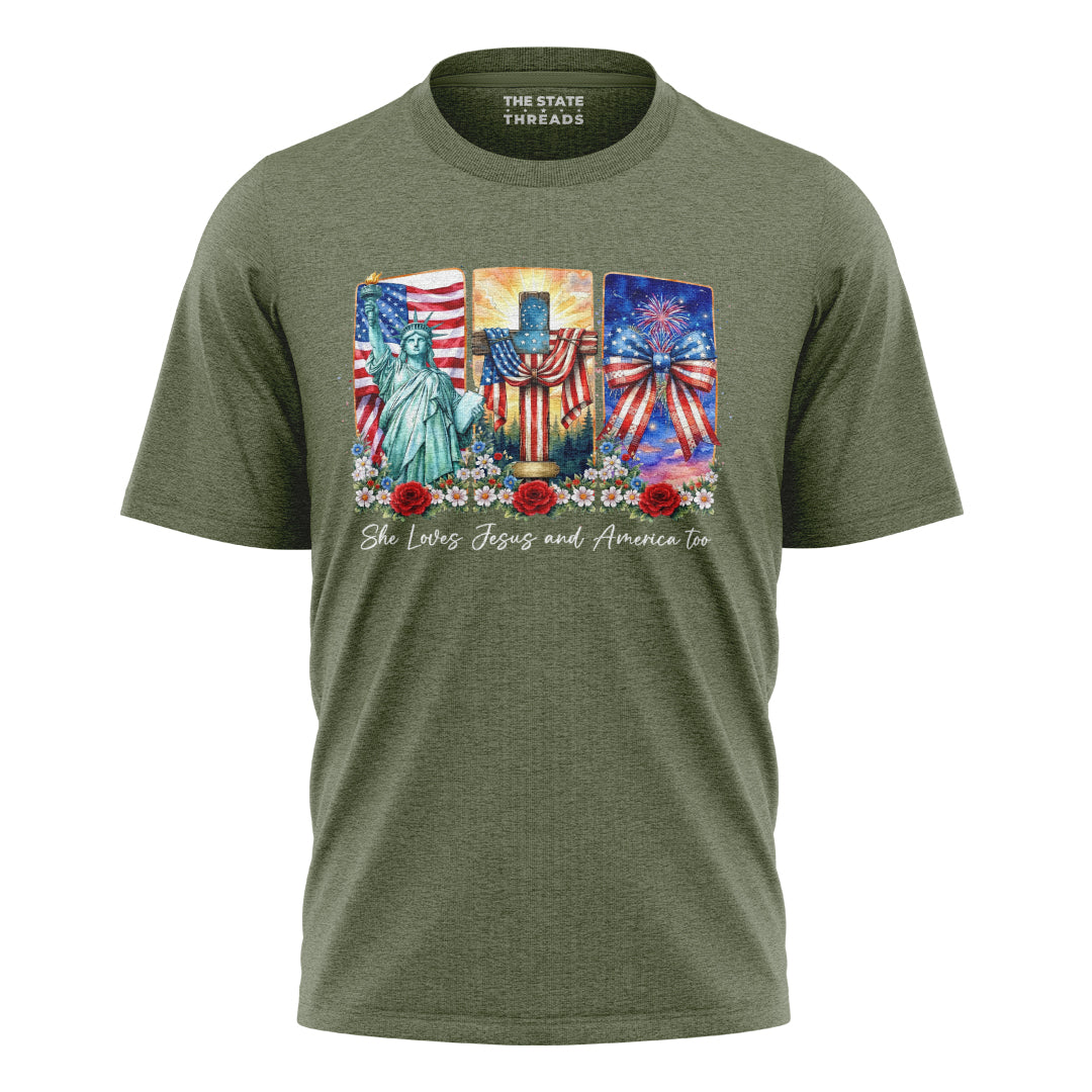 She Loves Jesus and America Too T-Shirt | Faith Patriotic Tee