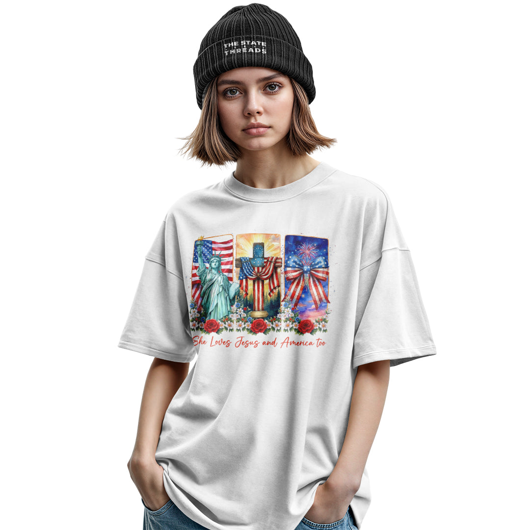 She Loves Jesus and America Too T-Shirt | Faith Patriotic Tee