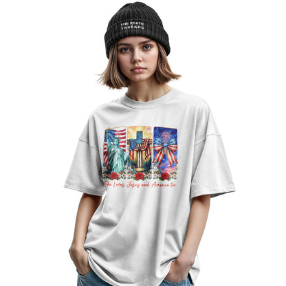 She Loves Jesus and America Too T-Shirt | Faith Patriotic Tee
