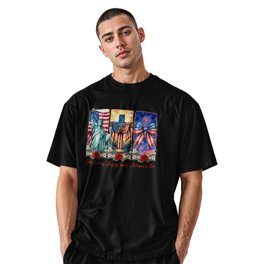 She Loves Jesus and America Too T-Shirt | Faith Patriotic Tee