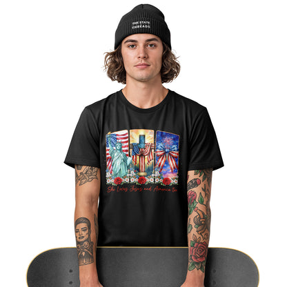 She Loves Jesus and America Too T-Shirt | Faith Patriotic Tee
