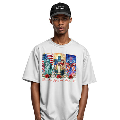 She Loves Jesus and America Too T-Shirt | Faith Patriotic Tee