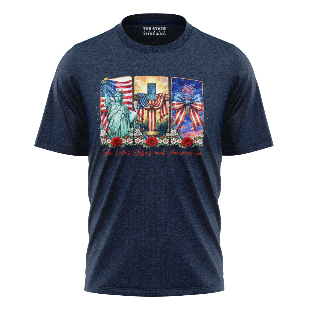 She Loves Jesus and America Too T-Shirt | Faith Patriotic Tee