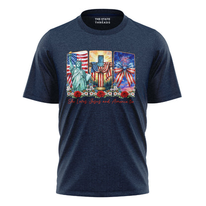 She Loves Jesus and America Too T-Shirt | Faith Patriotic Tee
