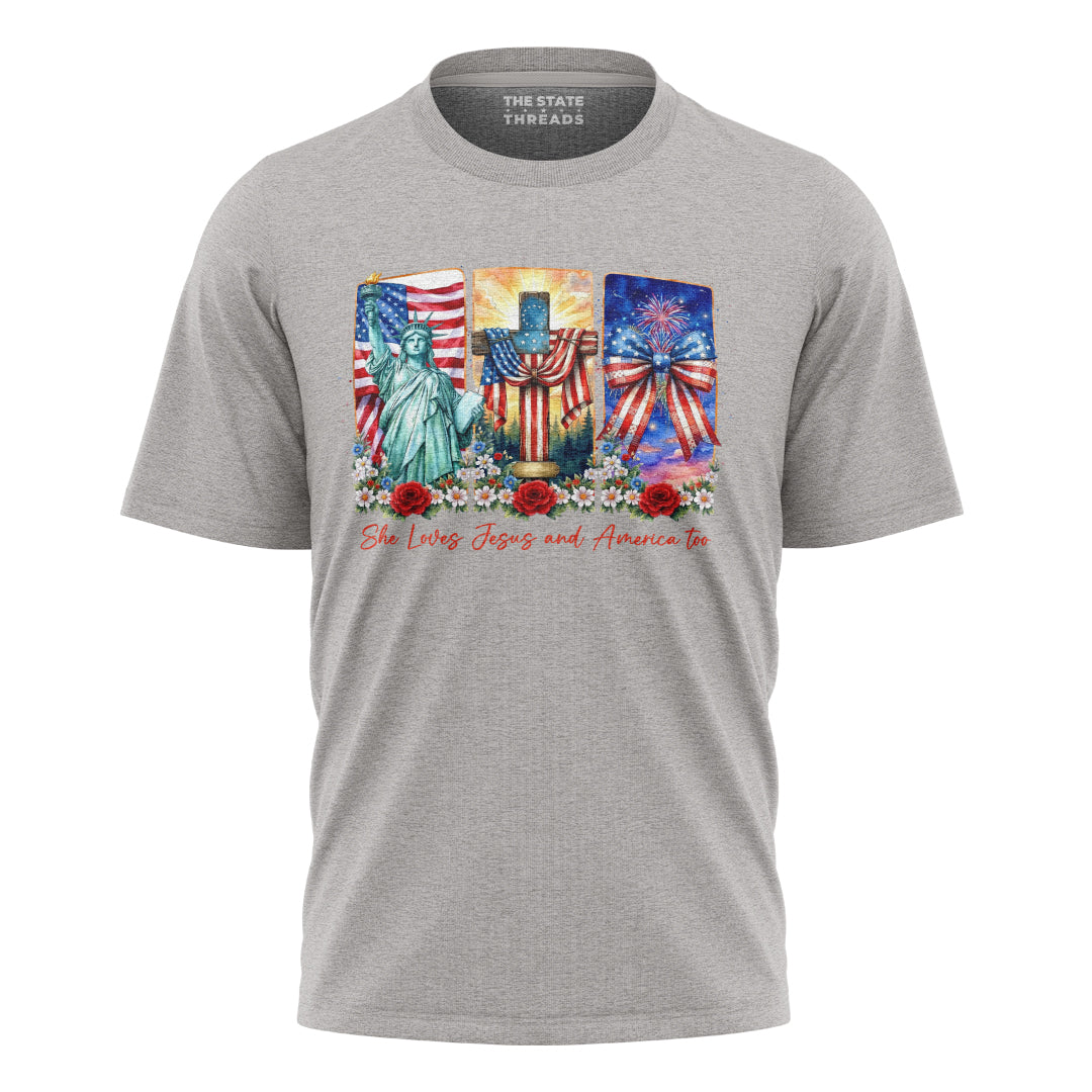She Loves Jesus and America Too T-Shirt | Faith Patriotic Tee