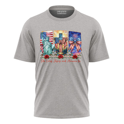 She Loves Jesus and America Too T-Shirt | Faith Patriotic Tee