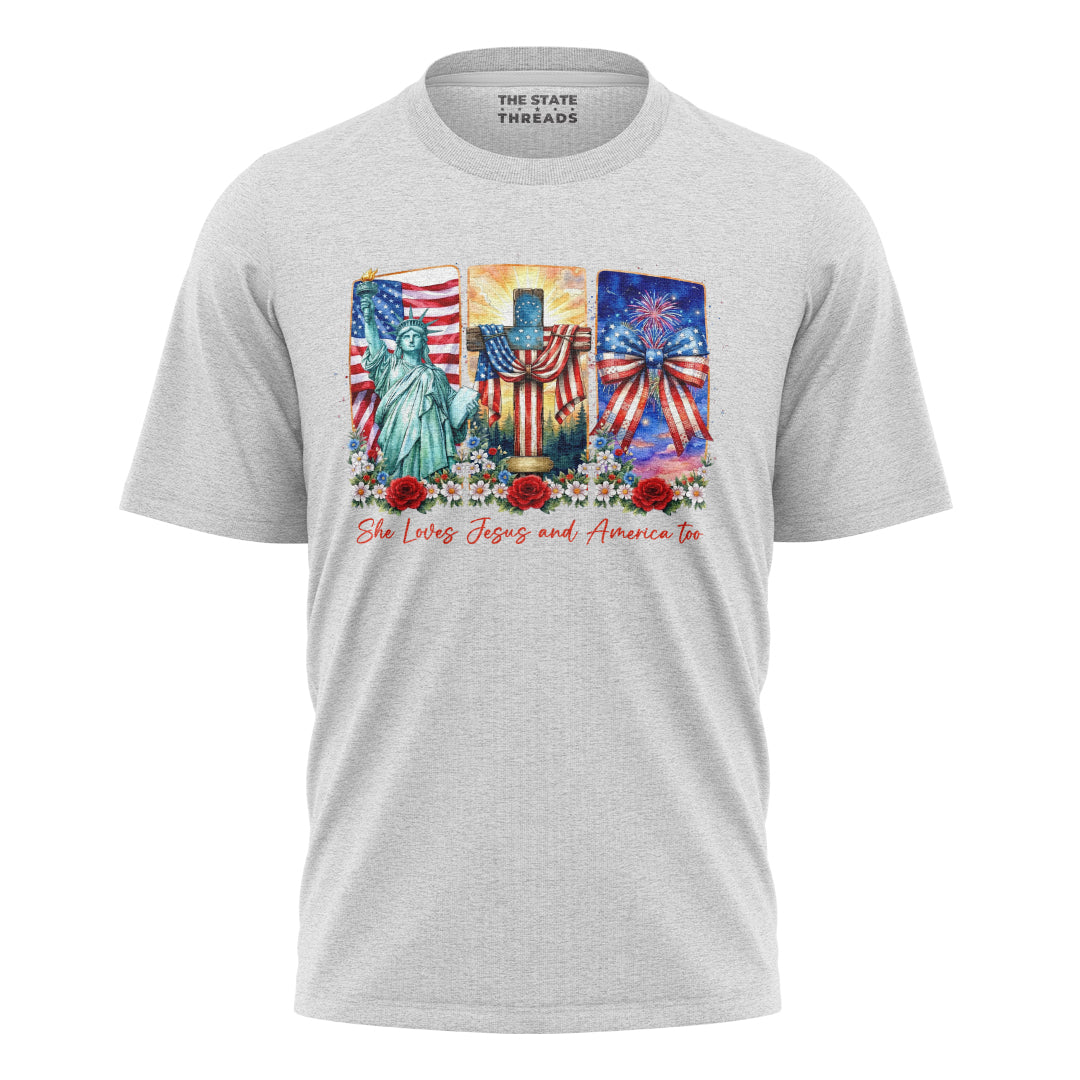 She Loves Jesus and America Too T-Shirt | Faith Patriotic Tee