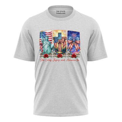 She Loves Jesus and America Too T-Shirt | Faith Patriotic Tee