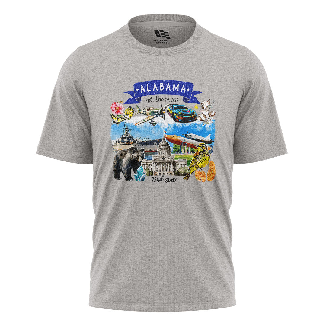 Alabama 22nd State Symbols Collage Heritage - Sport Grey flatlay