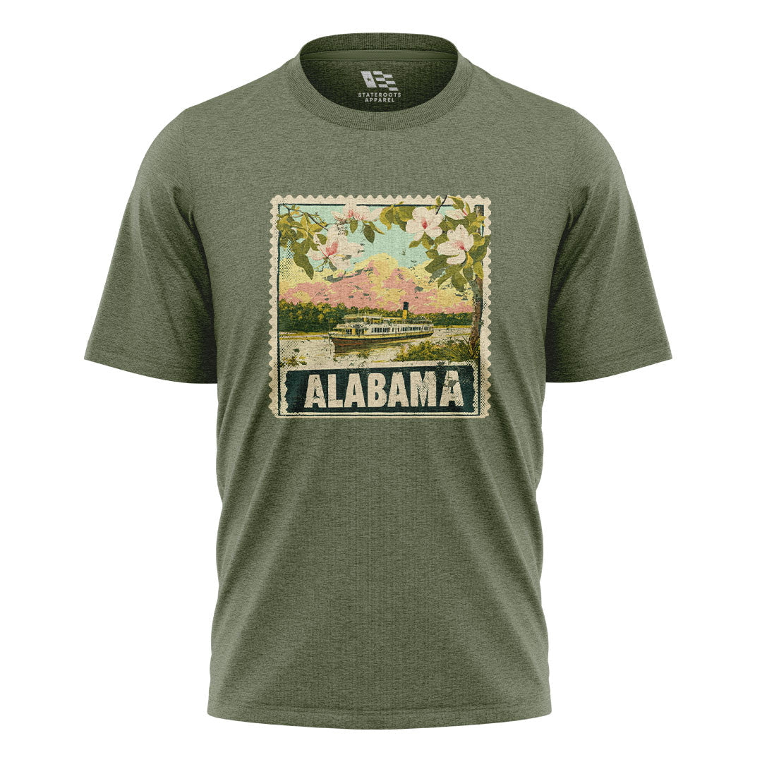 Alabama Postage Stamp Steamboat Magnolia - Military Green flatlay