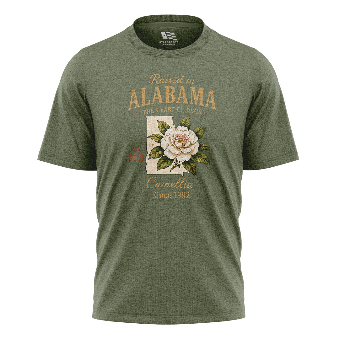 Alabama Raised In Camellia State Outline - Military Green flatlay