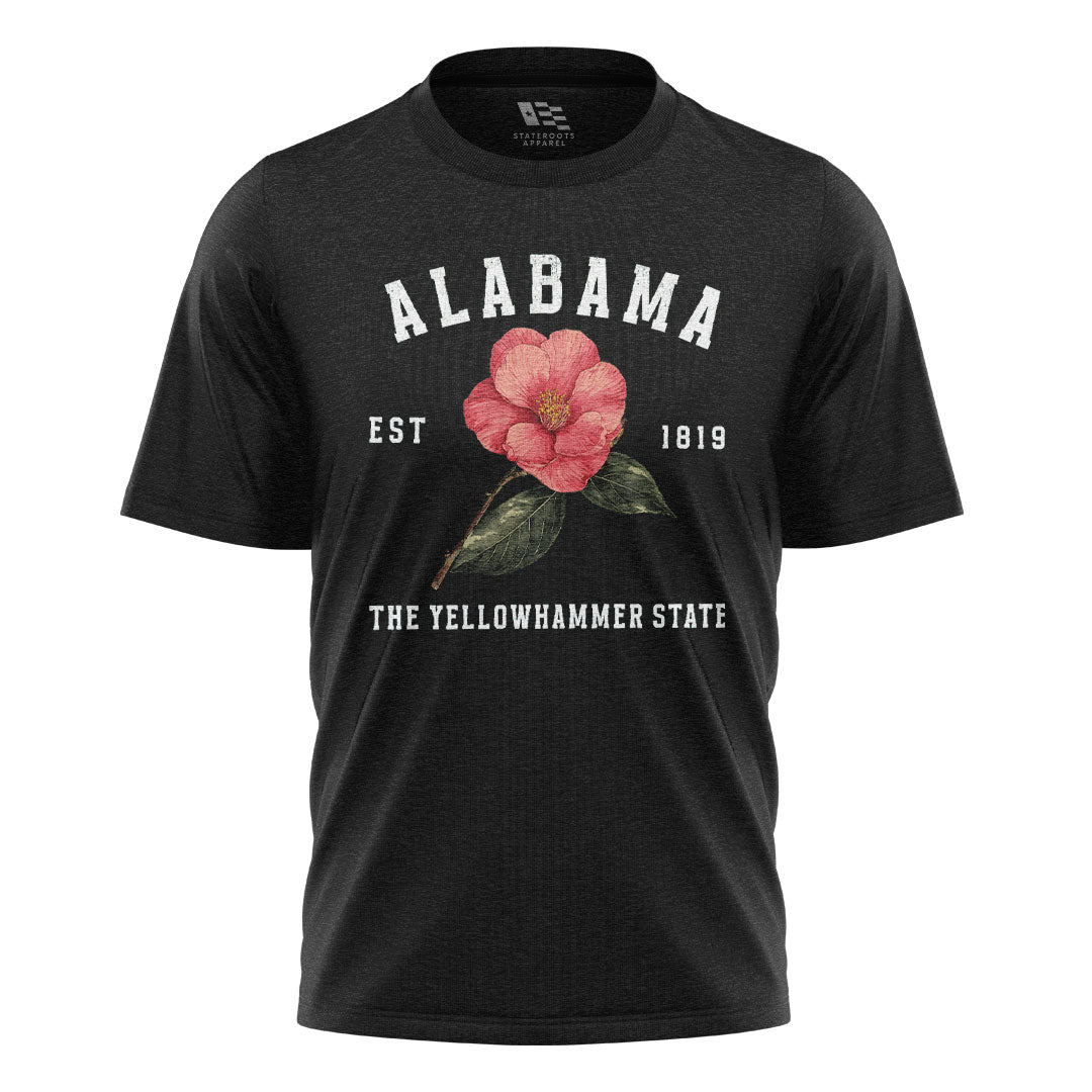 Alabama Yellowhammer Camellia Est 1819 - Black flatlay