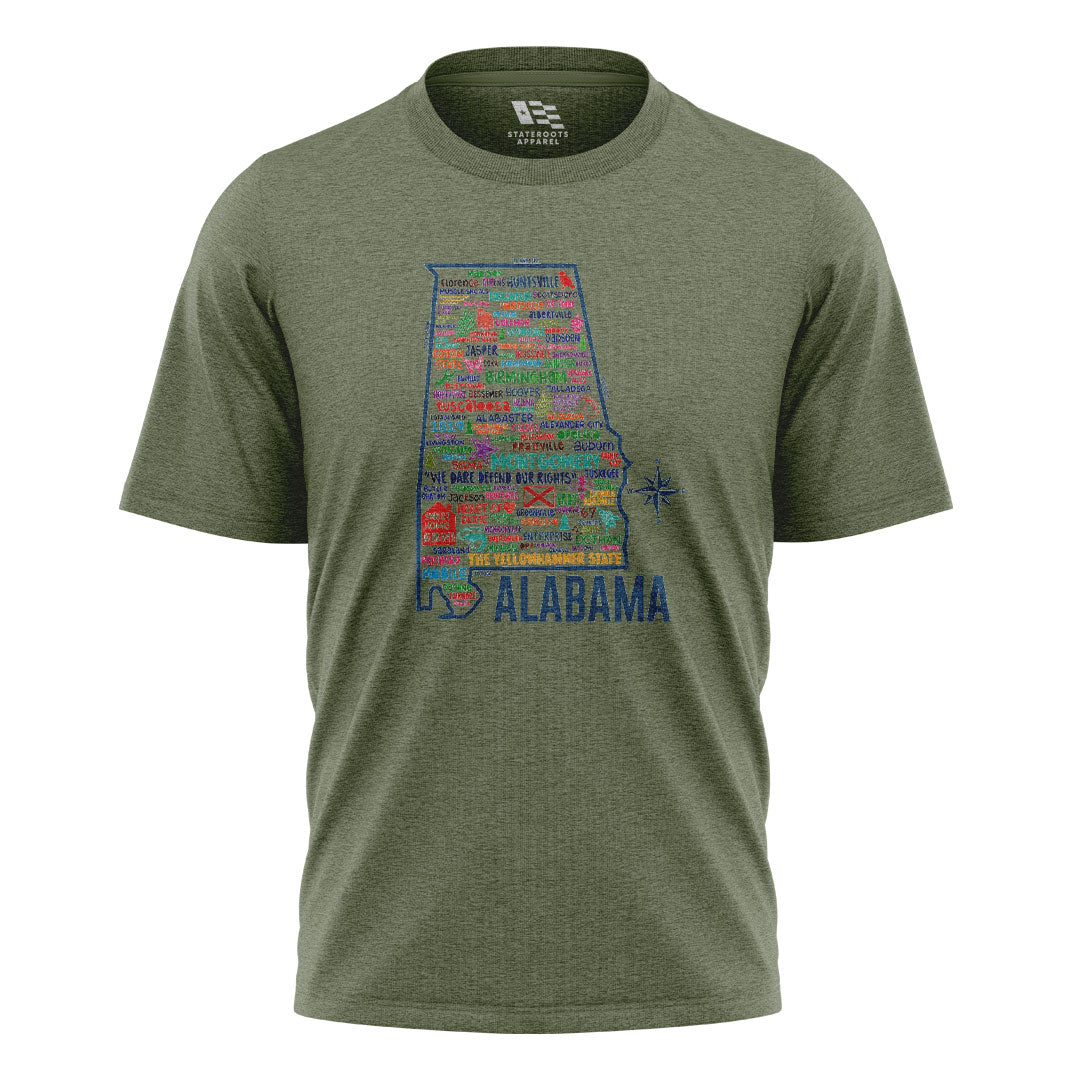 Alabama Yellowhammer Cities State Map - Military Green flatlay