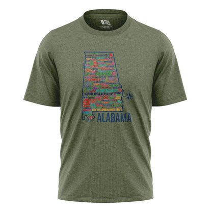 Alabama Yellowhammer Cities State Map - Military Green flatlay