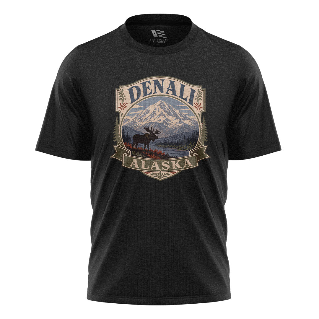 Alaska Denali Moose Mountain Vintage Badge - Black flatlay