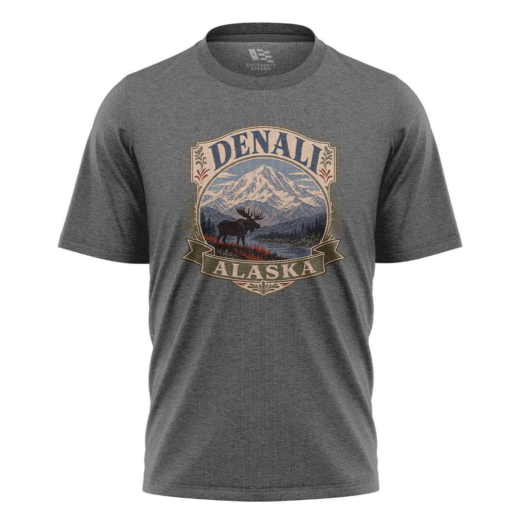 Alaska Denali Moose Mountain Vintage Badge - Charcoal flatlay