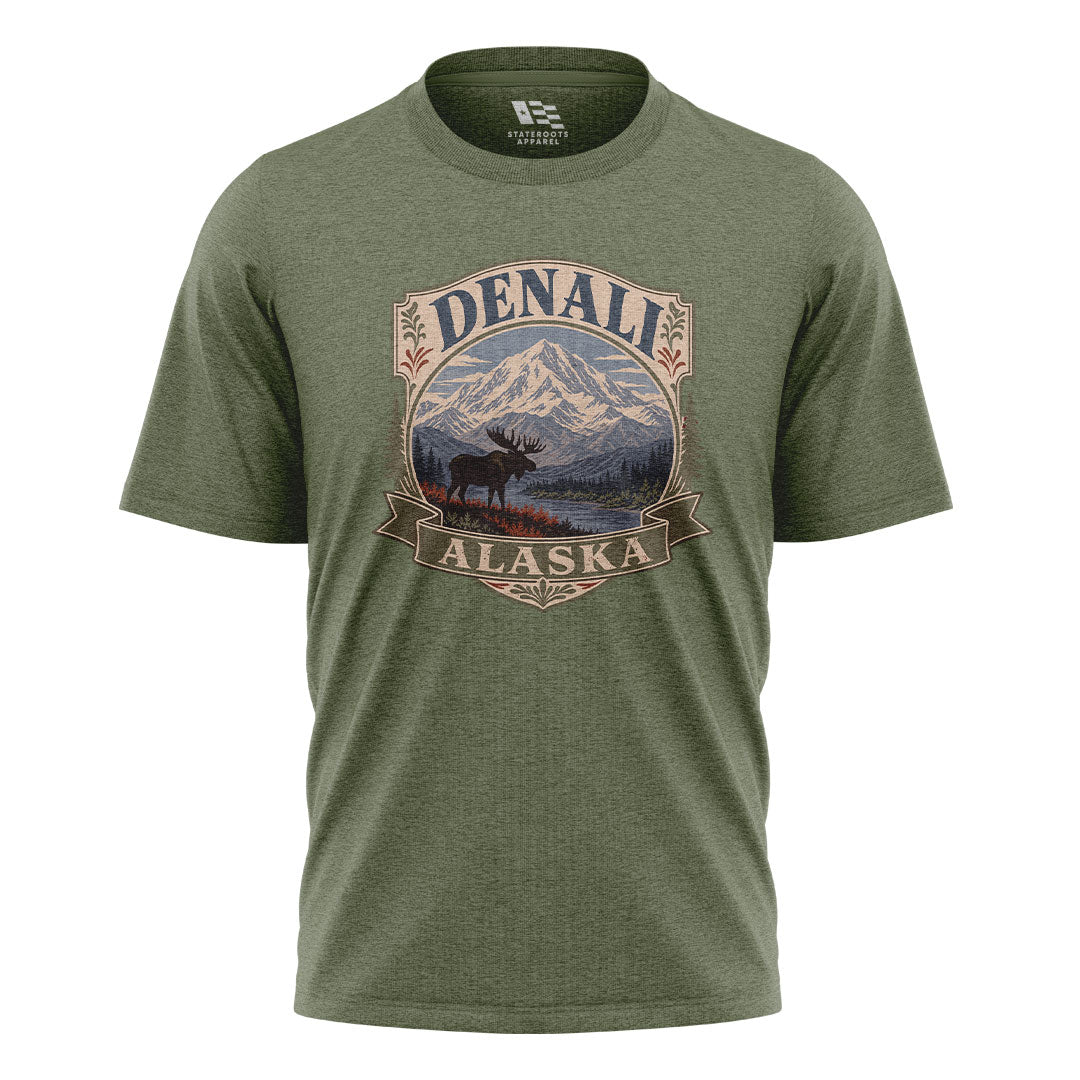 Alaska Denali Moose Mountain Vintage Badge - Military Green flatlay