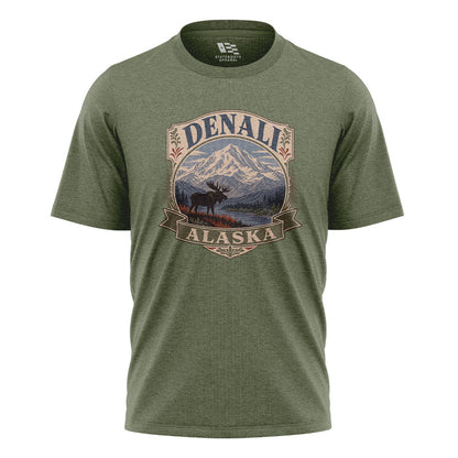 Alaska Denali Moose Mountain Vintage Badge - Military Green flatlay
