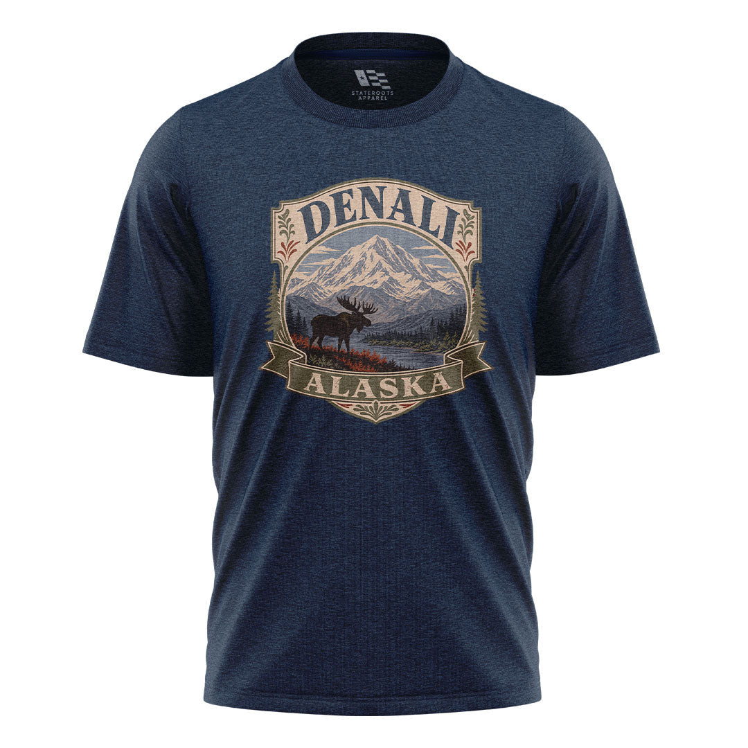 Alaska Denali Moose Mountain Vintage Badge - Navy flatlay