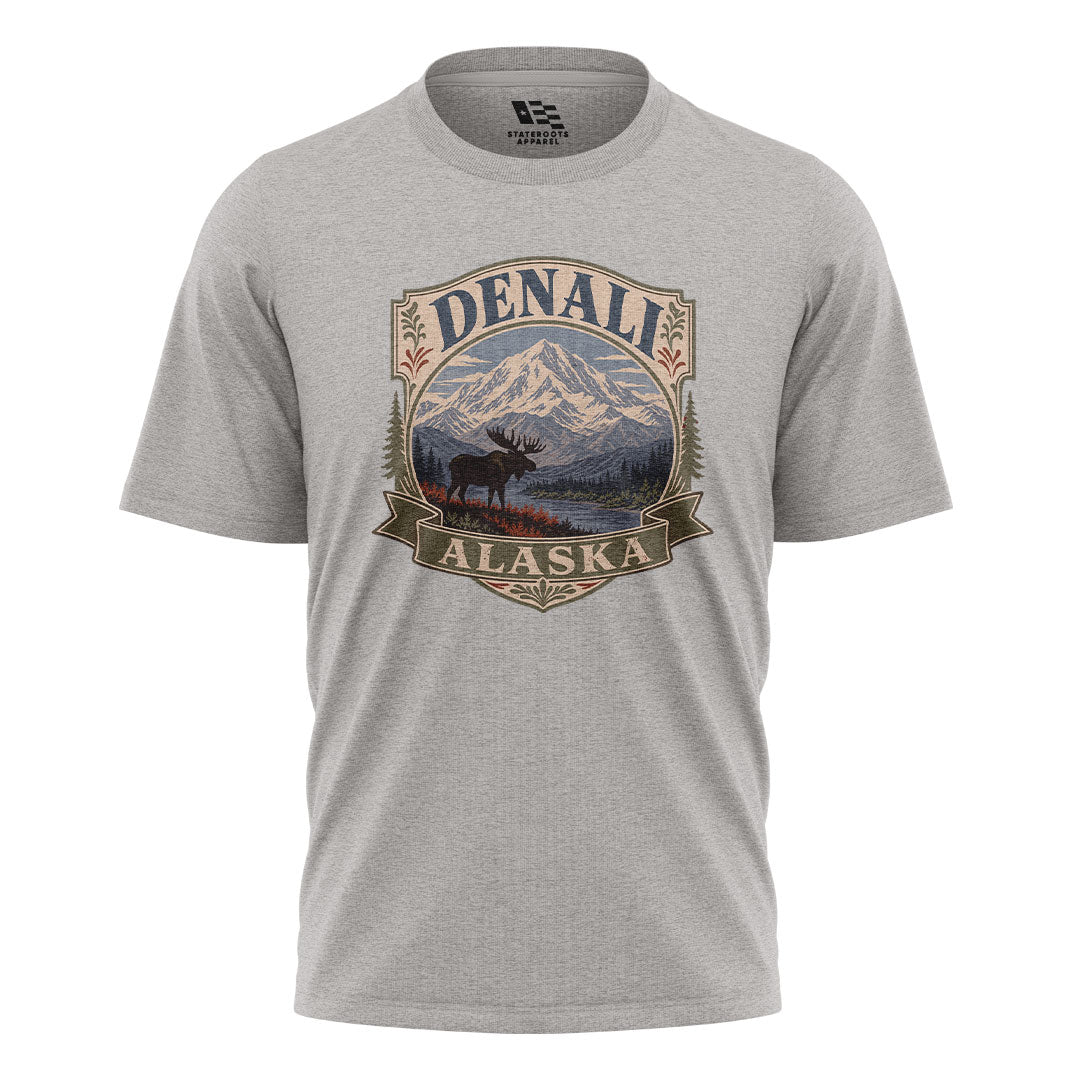 Alaska Denali Moose Mountain Vintage Badge - Sport Grey flatlay