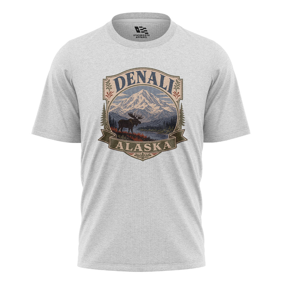 Alaska Denali Moose Mountain Vintage Badge - White flatlay
