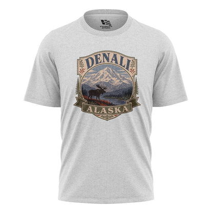Alaska Denali Moose Mountain Vintage Badge - White flatlay
