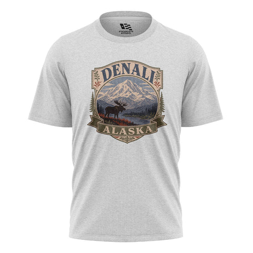 Alaska Denali Moose Mountain Vintage Badge - White flatlay