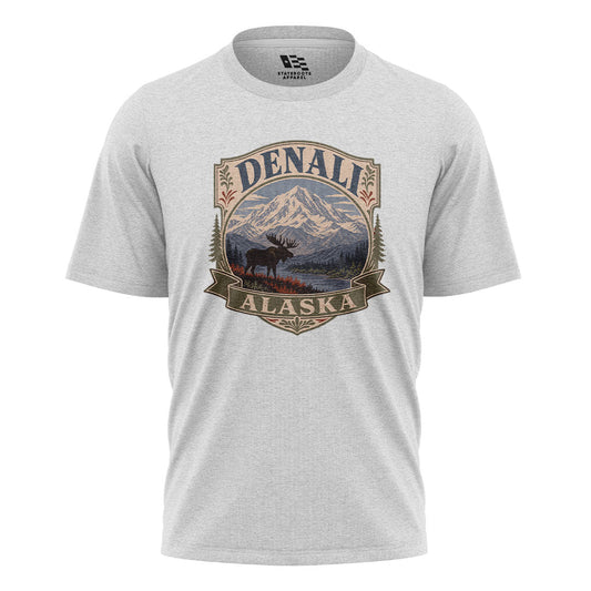 Alaska Denali Moose Mountain Vintage Badge - White flatlay