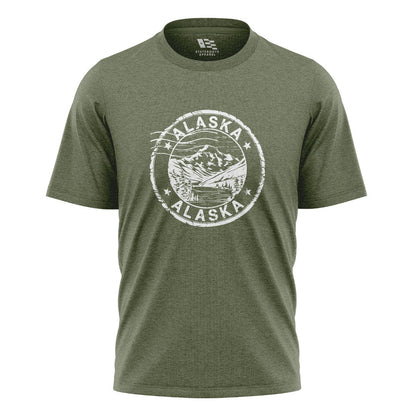Alaska Distressed Stamp Mountain Badge - Military Green flatlay