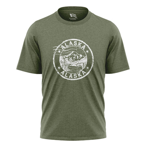 Alaska Distressed Stamp Mountain Badge - Military Green flatlay