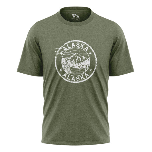 Alaska Distressed Stamp Mountain Badge - Military Green flatlay