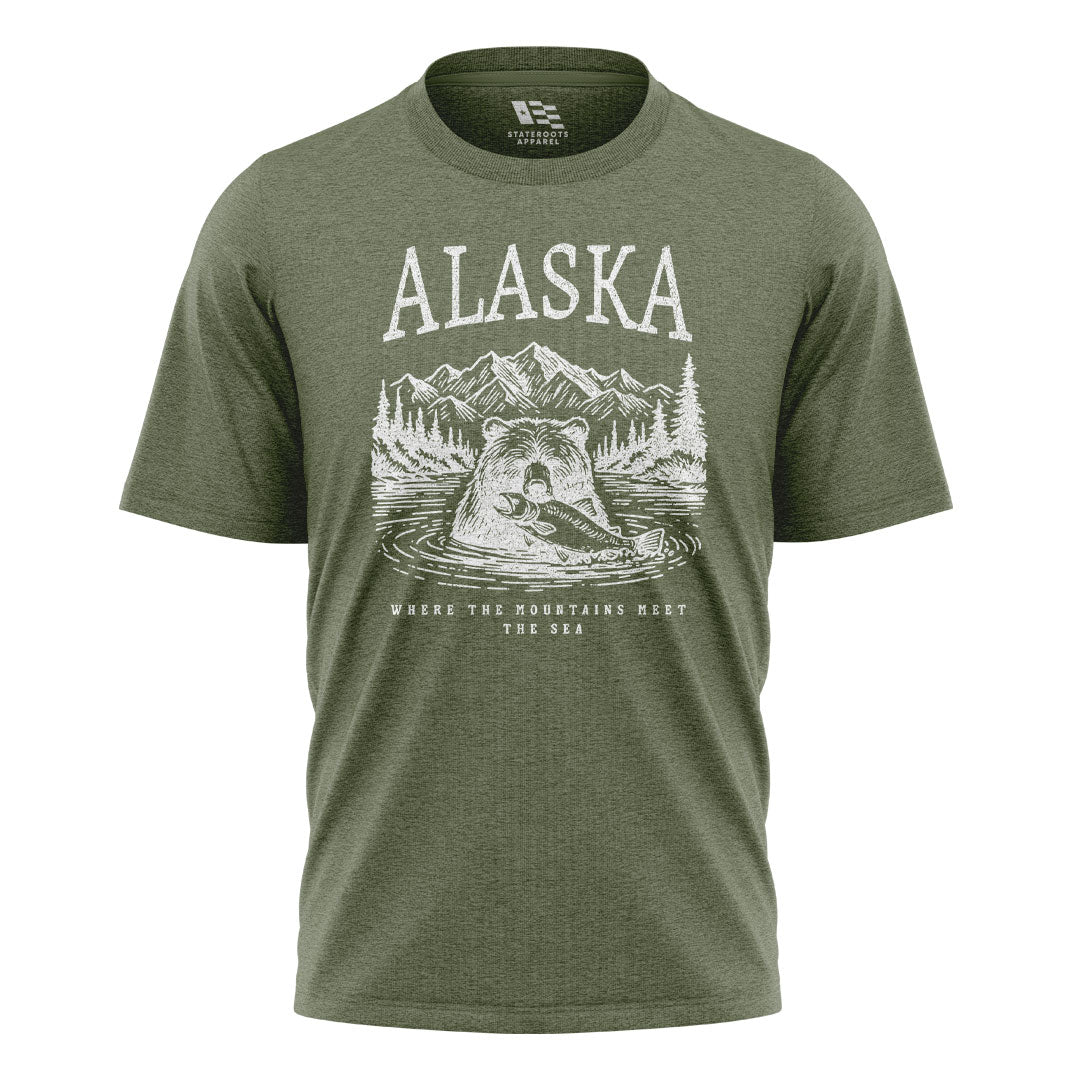 Alaska Mountains Meet Sea Salmon Bear - Military Green flatlay