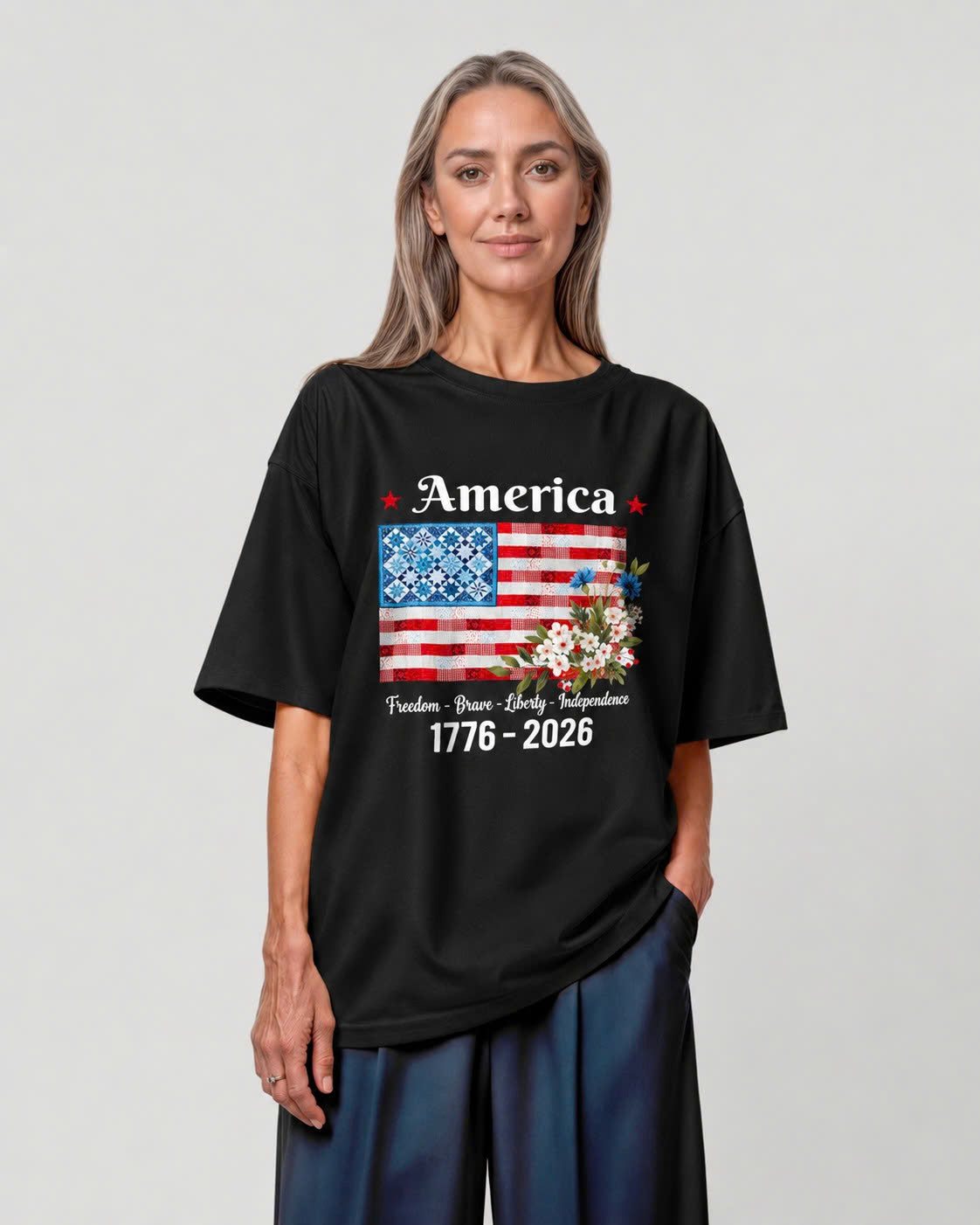 America 1776-2026 Patchwork Flag Floral Tee - Black flatlay 1