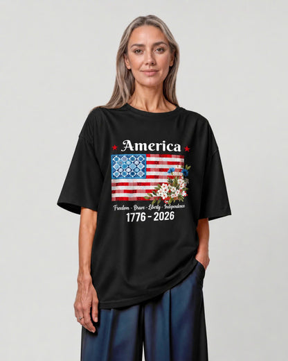 America 1776-2026 Patchwork Flag Floral Tee - Black flatlay 1