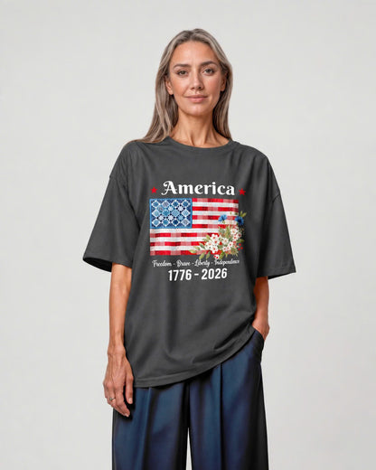 America 1776-2026 Patchwork Flag Floral Tee - Charcoal flatlay 1