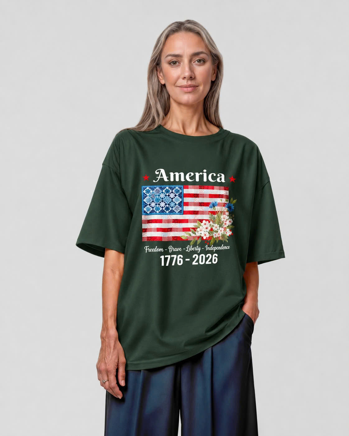 America 1776-2026 Patchwork Flag Floral Tee - Military Green flatlay 1