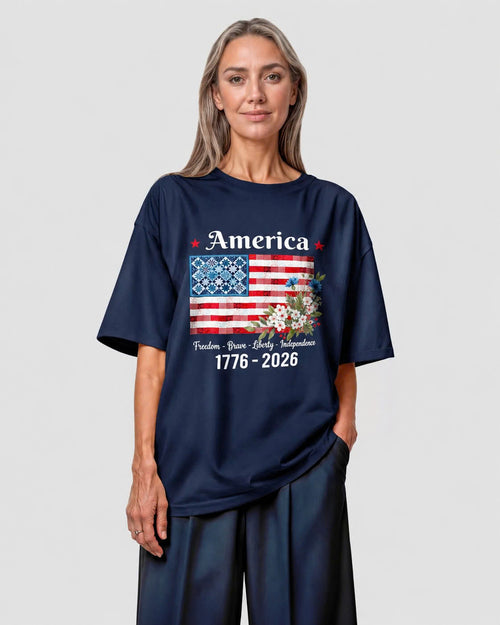 America 1776-2026 Patchwork Flag Floral Tee - Navy flatlay 1