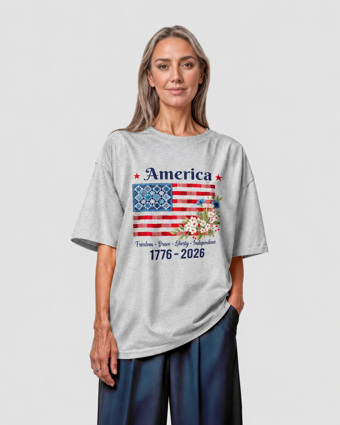 America 1776-2026 Patchwork Flag Floral Tee - Sport Grey view 2