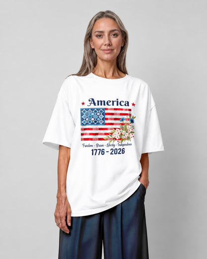 America 1776-2026 Patchwork Flag Floral Tee - White flatlay 1